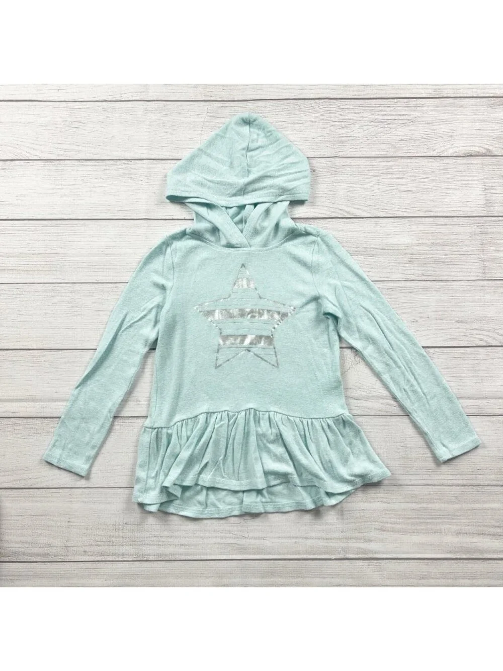 OshKosh Bgosh Girls Star Graphic Hooded Ruffle Hem Long Sleeve Tunic Top 6-6X